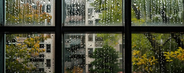 Raindrops on a window with blurred urban background - obrazy, fototapety, plakaty