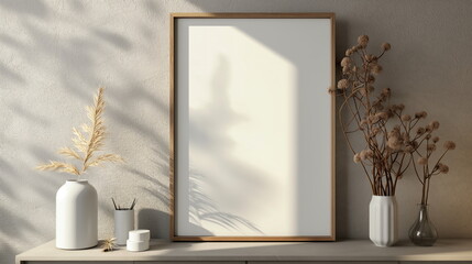 Mock-up of a blank frame on a cabinet with a decorative plant beside it in a minimalist room