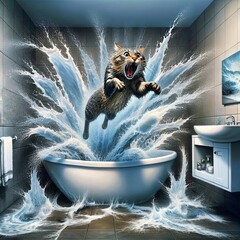 A startled cat is leaping out of a bathtub, creating an exaggerated splash of water that fills the entire bathroom - 782283071