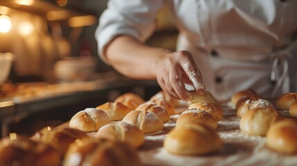 person preparing bread or buns in bakery closeup, chef making baked pastry at kitchen