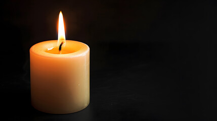 Fototapeta na wymiar Single white burning candle on black background. Funeral, mourning, memorial service concept