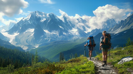 Fototapeta na wymiar Backpackers Hiking Through Majestic Mountain Range, Outdoor Adventure Travel
