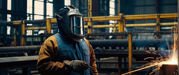 Workers wearing industrial uniforms and Welded Iron Mask at Steel welding plants, industrial safety first concept - obrazy, fototapety, plakaty