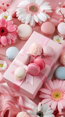 greeting pink background with gift box and flower