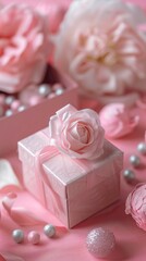 greeting pink background with gift box and flower