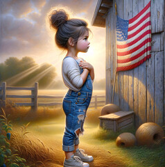 A young girl in ripped denim overalls stands with her hand over her heart, facing an American flag that is hanging on a wooden barn