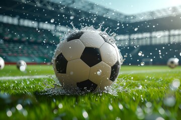 Fototapeta premium Black and white soccer ball on wet green grass field with blurred stadium background