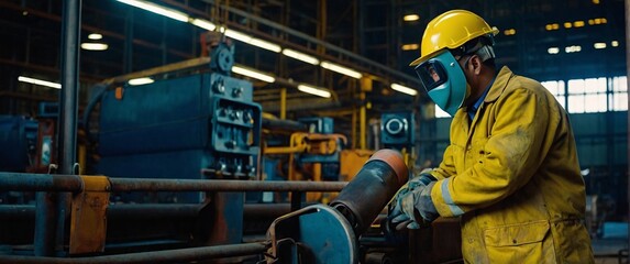 Workers wearing industrial uniforms and Welded Iron Mask at Steel welding plants, industrial safety first concept - obrazy, fototapety, plakaty