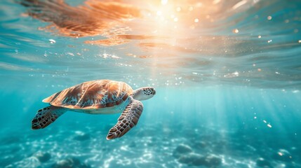 Sea turtle swimming underwater with sunlight