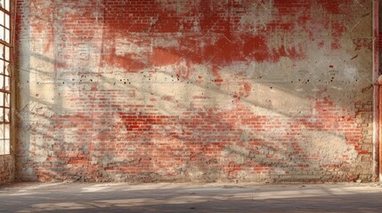 Red brick wall texture background with sunlight shining through large windows