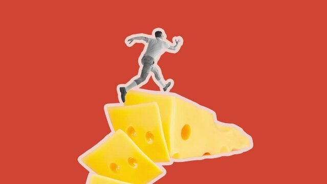 Stop motion. Animation. Active man running on cheese slices isolated over red background. Retro style. Concept of food, gastronomy, creativity, artwork, imagination. Copy space for ad