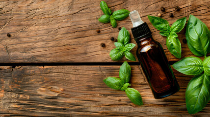 Fototapeta na wymiar Basil essential oil in a bottle. Selective focus.