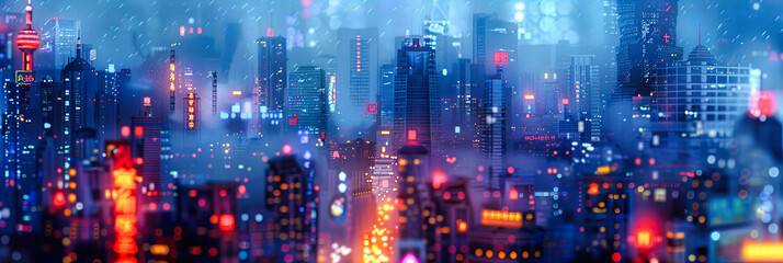 Vibrant City Night with Illuminated Skyscrapers, Urban Skyline Abstract, Modern Architecture and Blurred Lights