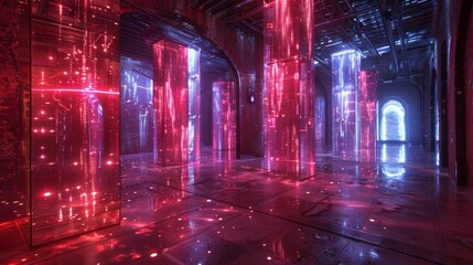 Futuristic corridor illuminated by neon light installations, with reflections on the wet floor enhancing the sci-fi ambiance.