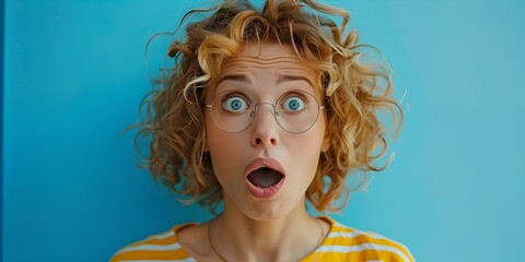 Astonished Female Character with Curly Locks and Eyeglasses Expressing Sublime Surprise and Wonder