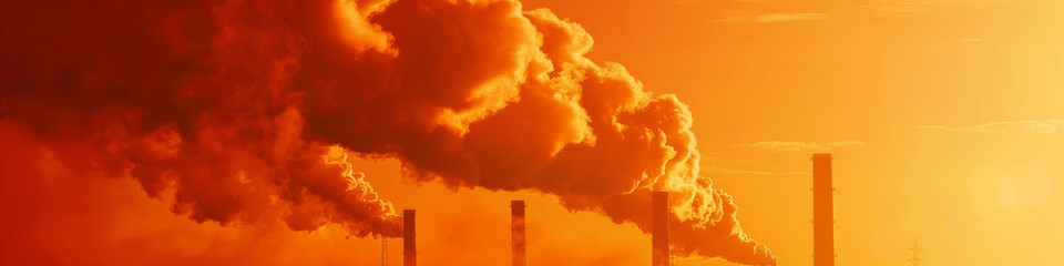 Industrial Smokestacks Emitting Pollution at Sunset