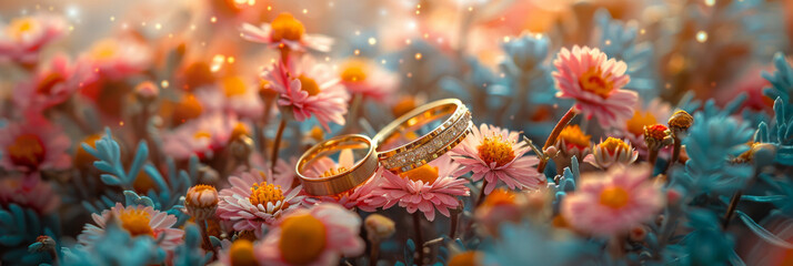 Enchanted Garden Wedding Bands Amidst Blossoming Flowers - obrazy, fototapety, plakaty