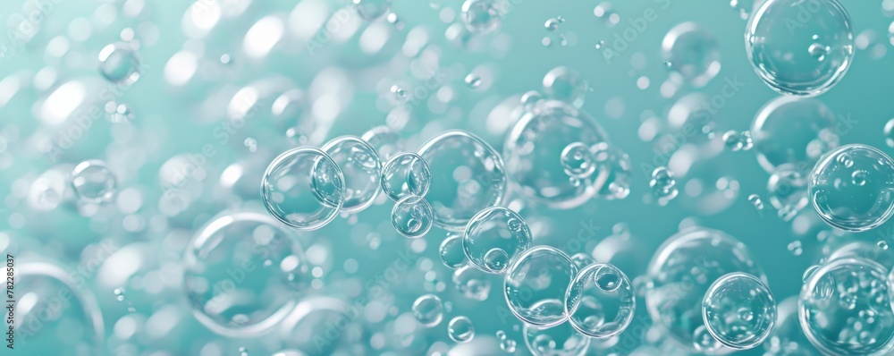 Poster transparent soap bubbles floating on a teal background