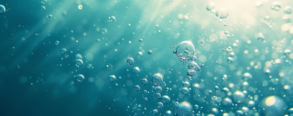 Underwater scene with sunbeams and air bubbles - obrazy, fototapety, plakaty