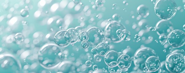 Transparent soap bubbles floating on a teal background