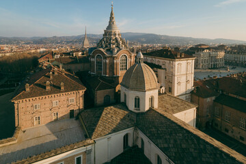 Fototapeta premium Turin. From the top of the Cathedral's bell tower, the Holy Shroud Chapel's dome and the iconic Mole Antonelliana.