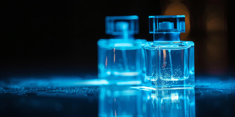 Elegant Perfume Bottles Glowing in Blue Neon Light