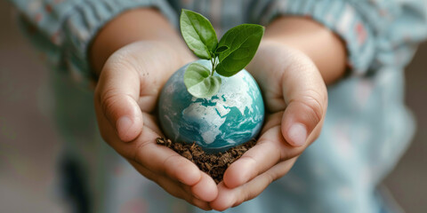 Young Child Holding a Painted Earth with Plant Sprout - Concept of Environmental Care