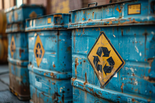 Rusty Blue Recycling Bins with Hazardous Waste Symbols in an Industrial Setting
