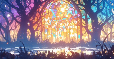 Stained Glass style forest in rainbow colors, flat background