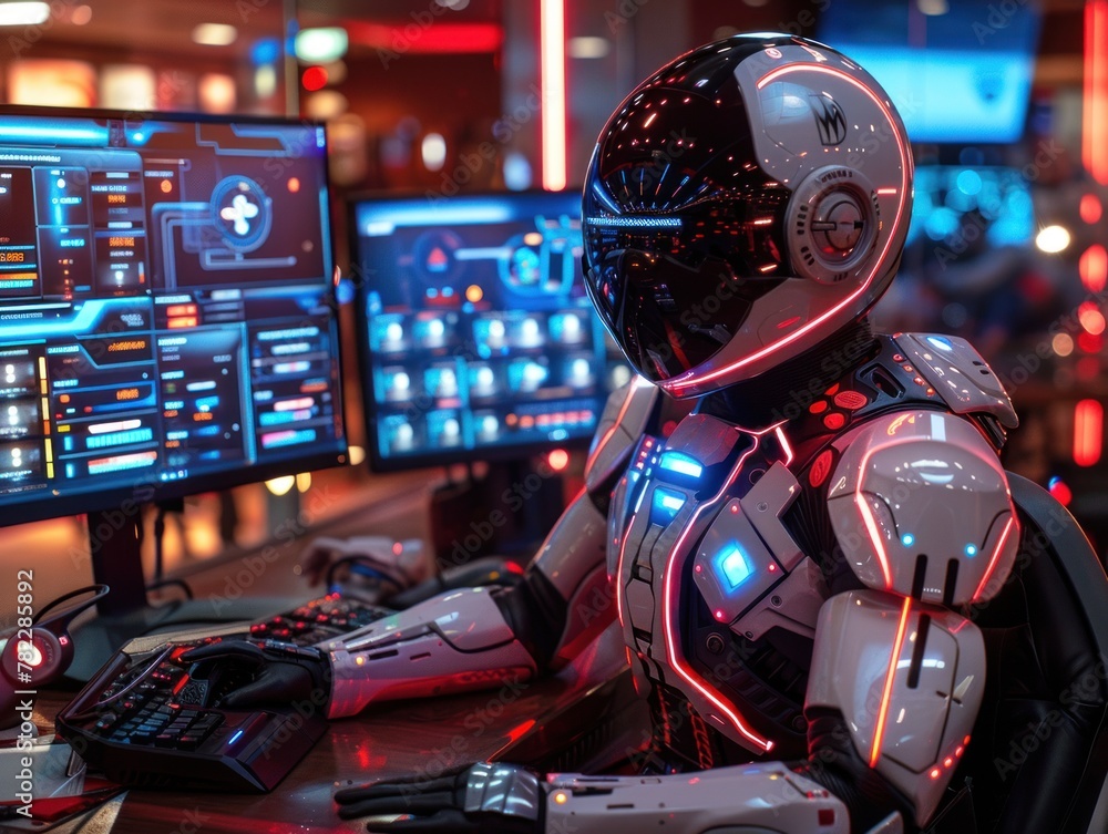 Poster a robot is seated in front of a computer monitor, showcasing the harmonious coexistence of humans an