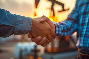 Oil Industry Professionals Shaking Hands at Sunset