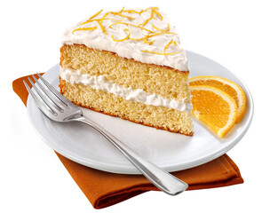prato com fatia de bolo de laranja com recheio de baunilha isolado em fundo transparente