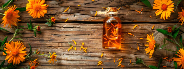 calendula essential oil in a bottle. Selective focus. - obrazy, fototapety, plakaty
