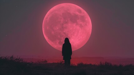 Silhouette of a person standing under a giant pink moon at night