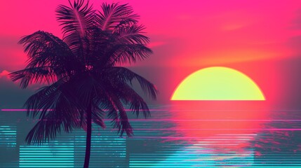 Fototapeta na wymiar Vibrant tropical sunset over the ocean with palm silhouette
