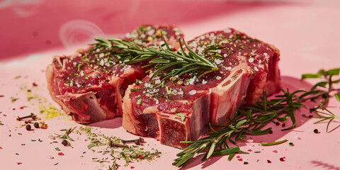 Fresh Raw Lamb Chops with Rosemary and Spices on Pink Background