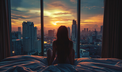 Fototapeta na wymiar back view of young woman wake up at luxury hotel room or apartment, person by panoramic window, city and skyscrapers