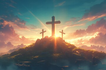 three crosses on the hill of cal.Router, with beams shining down from behind them, representing Jesus' suffering and triumph over death. - obrazy, fototapety, plakaty