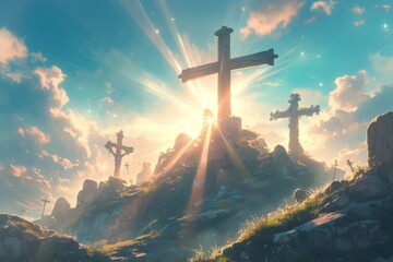three crosses on the hill of calisons with beams coming out from behind them, with light rays shining down and clouds in background - obrazy, fototapety, plakaty