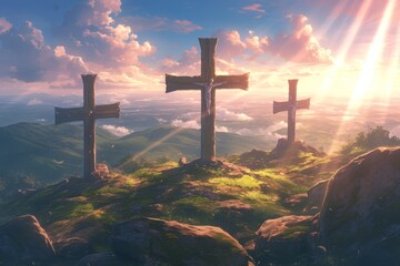 three crosses on the hill of calisons with beams coming out from behind them, with light rays shining down and clouds in background