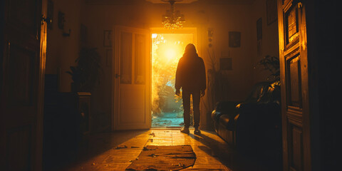 Silhouetted Person Standing at Open Door with Sunlight Streaming In