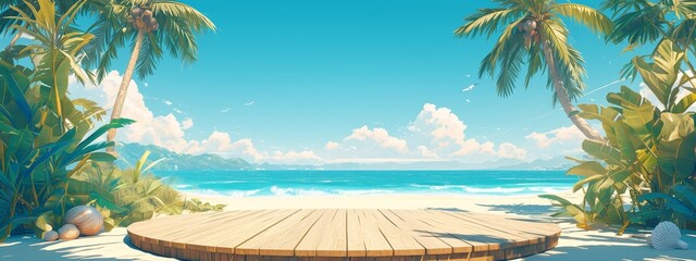 Fototapeta na wymiar tropical beach with palm trees and sand displaying a podium or cosmetics mockup background. Summer vacation concept with a round wood table