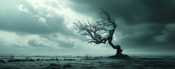 Lone tree in a moody landscape under stormy skies