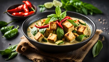 Vegan Thai Green Curry with fried firm tofu pieces, seasonal vegetable, red bird's eye chili and sweet basil.
