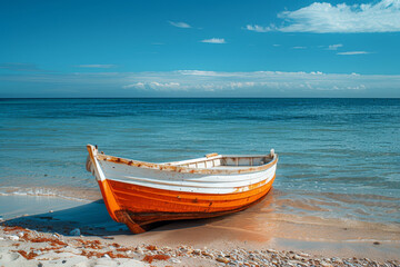 Naklejka premium Serene Seaside with Orange Wooden Boat on Sandy Beach