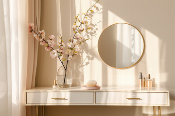 moderner, minimal beige Schminktisch, Zweig Glasvase, runde Kosmetikspiegel in Creme Wand für Luxus Schönheit, Kosmetik