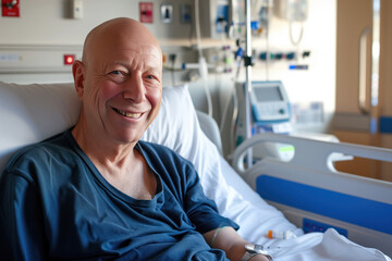 Fototapeta premium In midst of cancer treatment, bald, mature man smiles in hospital bed AI Generative