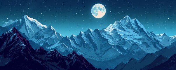 Starry night over snow-capped mountain range with full moon - obrazy, fototapety, plakaty