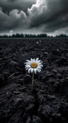 Solitary daisy on cracked earth under stormy sky