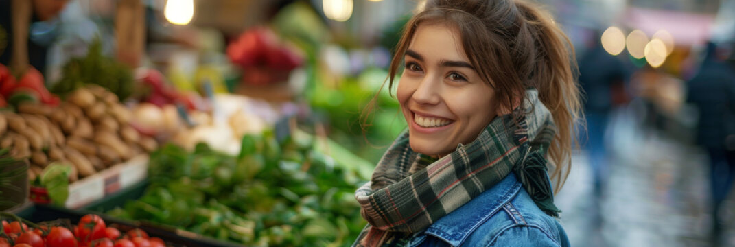 Young Woman Smiling Happily at Fresh Produce Market